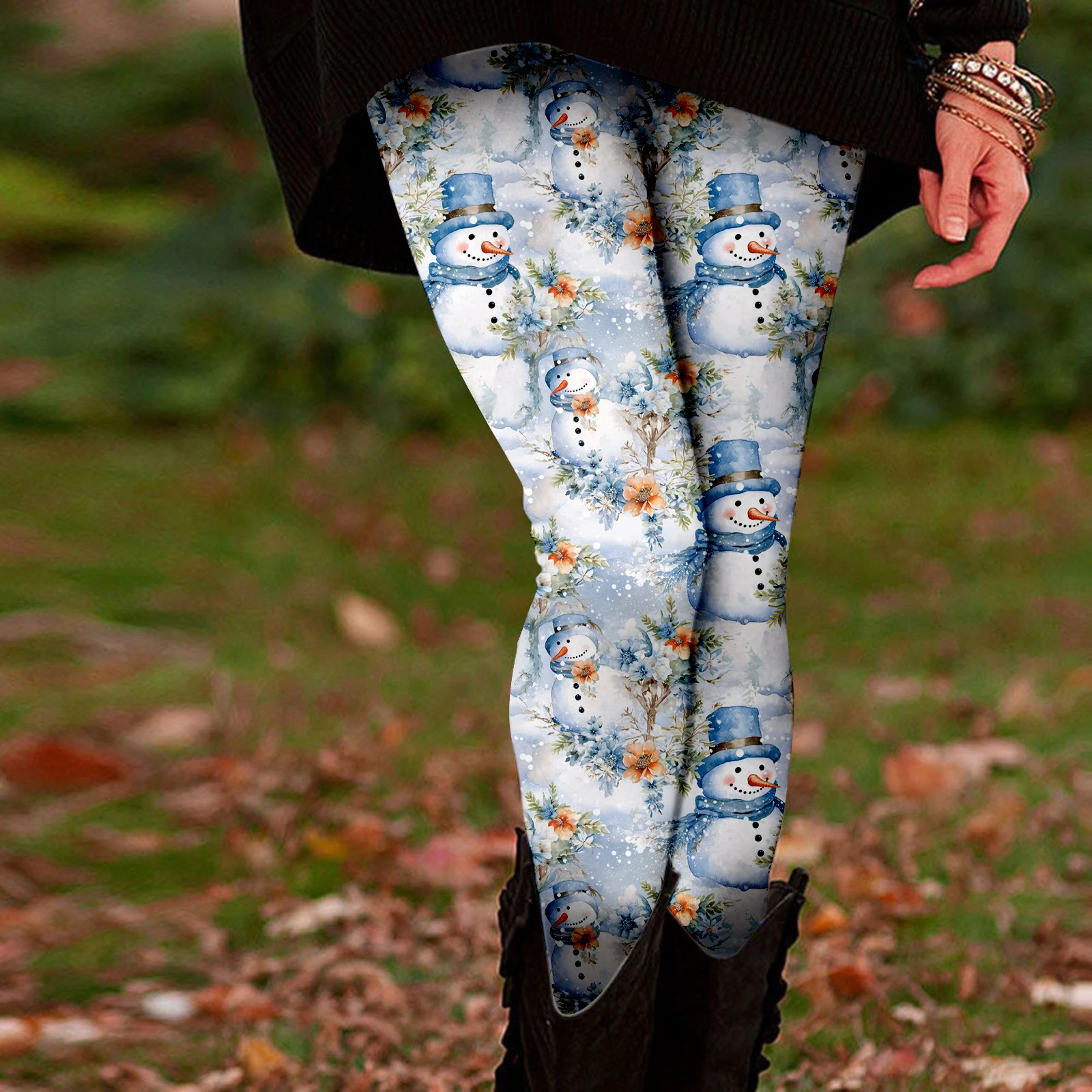 Men's Holiday Snowflake Print Leggings - Casual polyester knit with elastic stretch and a slim fit for all-season wear