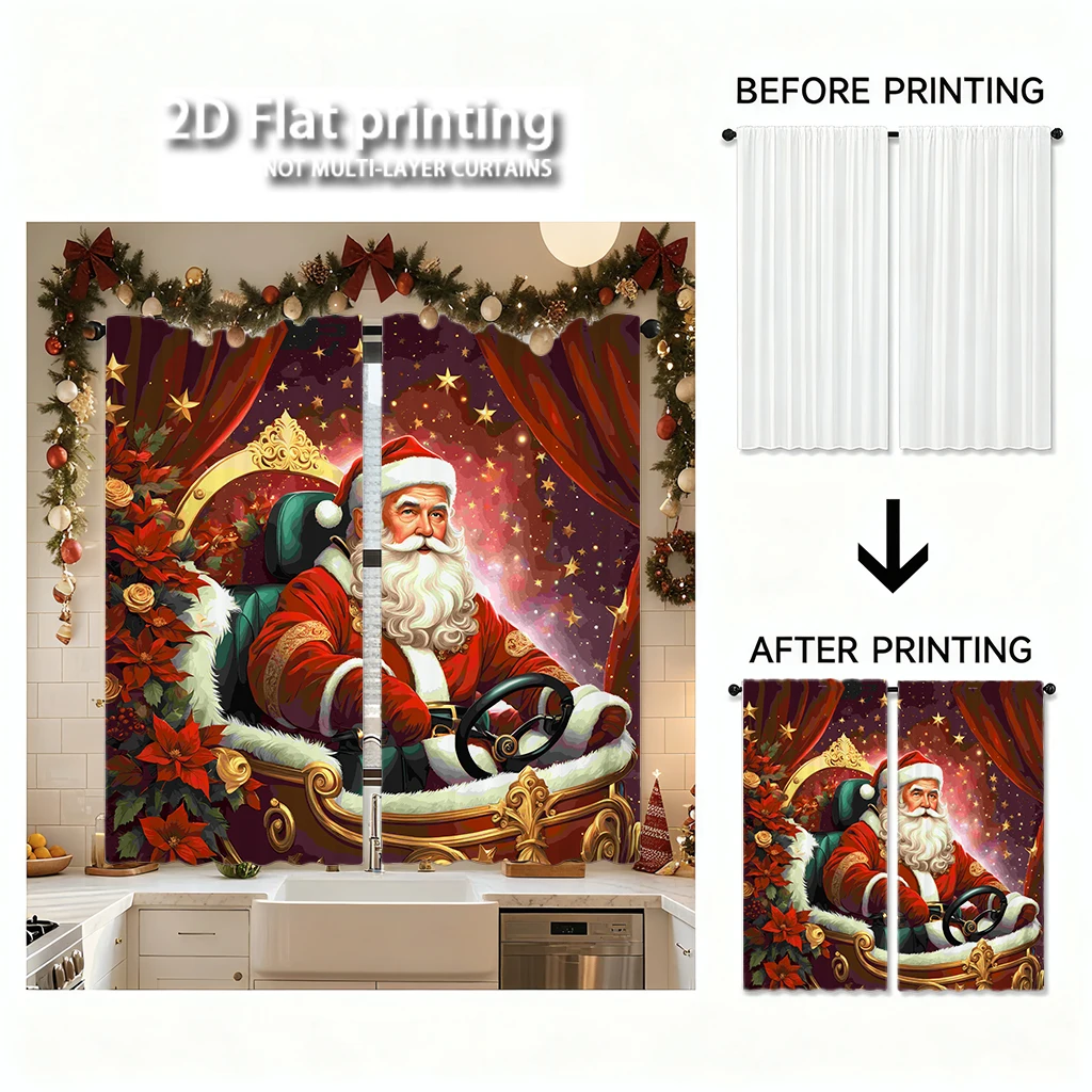 طقم مكون من قطعتين من ستائر مطبوعة رقمية عالية الوضوح لعيد الميلاد سانتا كلوز من الذهب الأحمر على شكل زهور احتفالية لتزيين المنزل