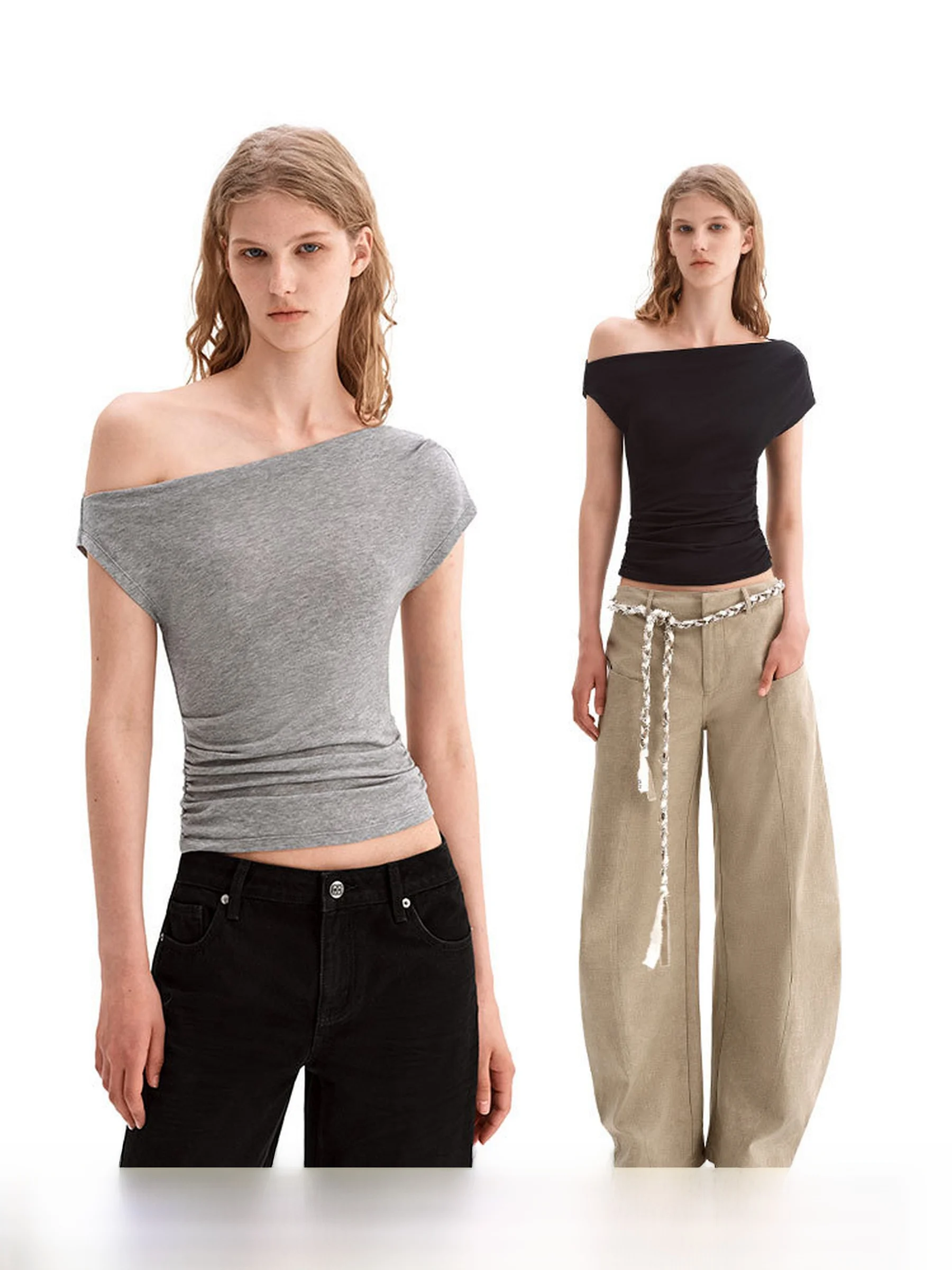 

Повседневная футболка Sle ort Sve PUKI Original Lyocell с напуском и овальными плечами, винтажный свободный топ с высокой эластичной резинкой на талии