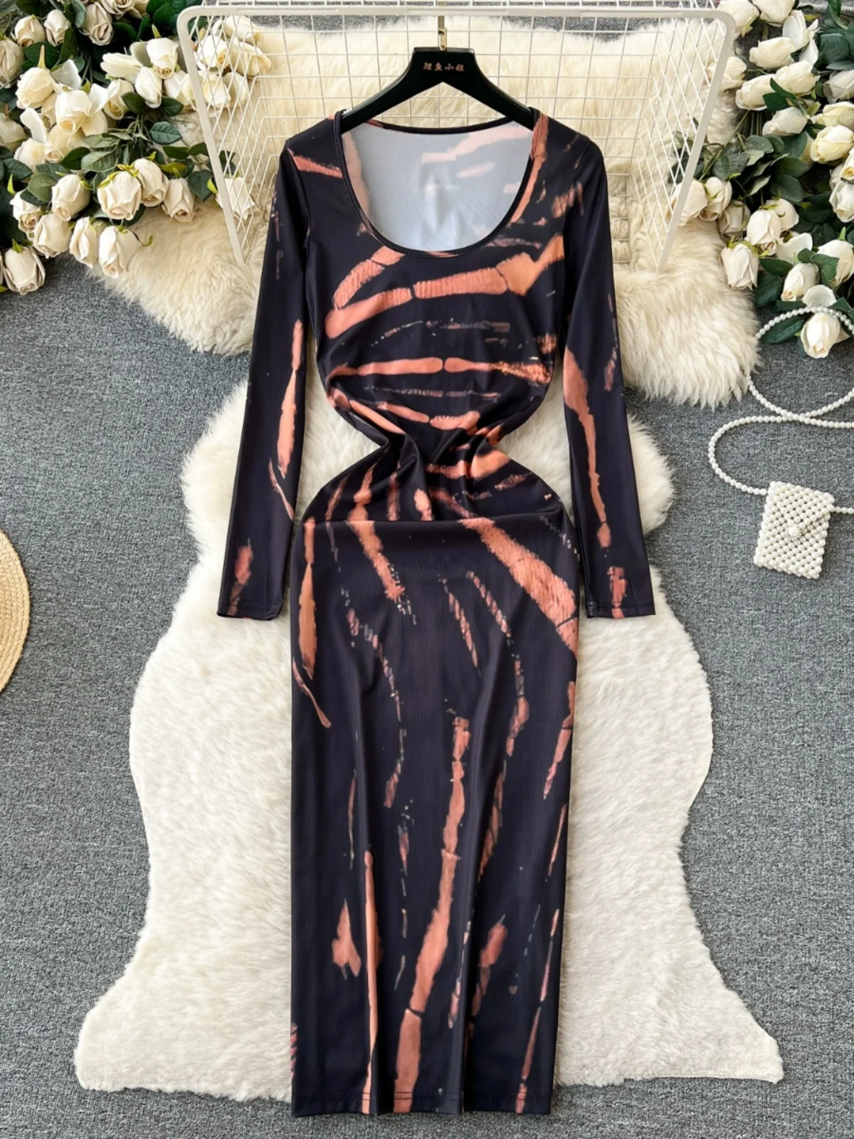 

Women's Slim Fit Midi Dress Autumn 2023 New Design Asymmetrical Color Block Striped High Waist Long Sleeve Fashionable Commute