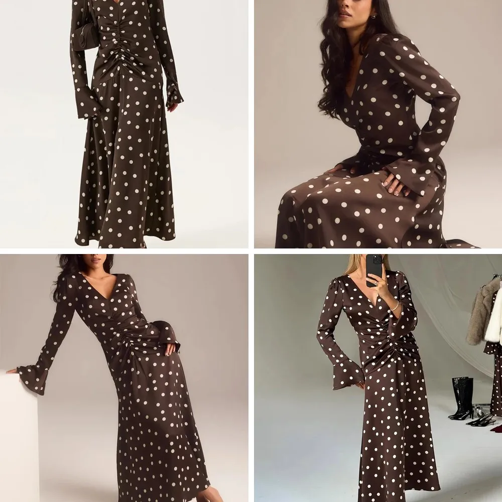 

Elegant Polka Dot Pleated Dress for Women, V-Neck Flared Sleeve Waist Cinching Long Evening Party Dress