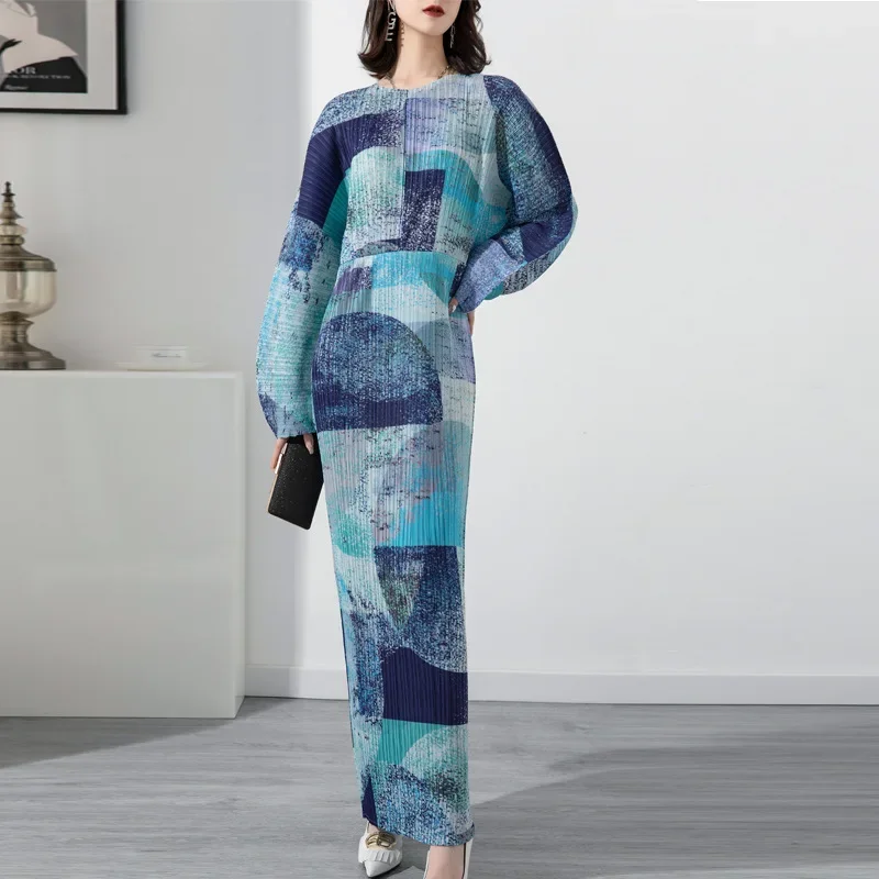 

Miyake Pleated Dress Women 2022 Loose Elegant Straight Casual Print Fashion Long Dresses For Woman Summer Autumn Casual Cloth