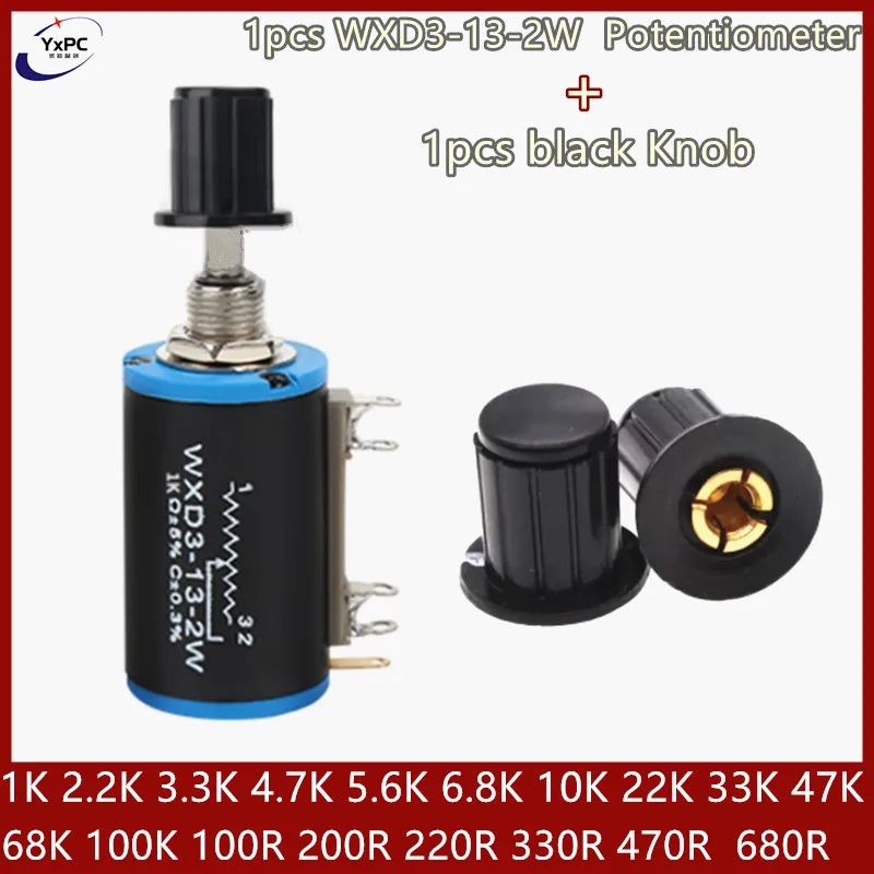 1pcsWXD3-13-2W+1pcs Knob 10K 100/200/220/470/680 ohm Multi-Turn Potentiometer 1K 2.2K 4.7K 5.6K 6.8K 47K 68K 100K rotary switch