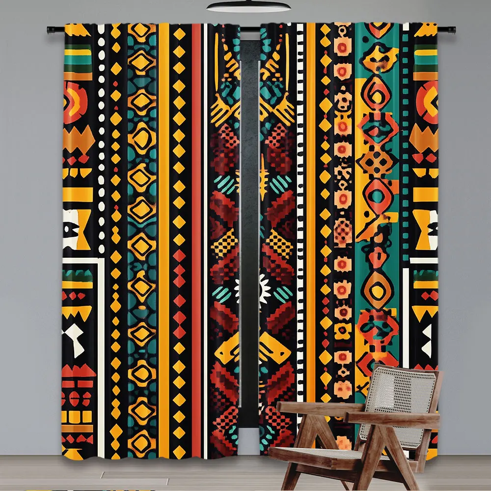 2Pcs Kente Pattern Curtain Vertical Borders Inspired By Timeless Cultures Geometrical Design For Living Room Bedroom Dining Room