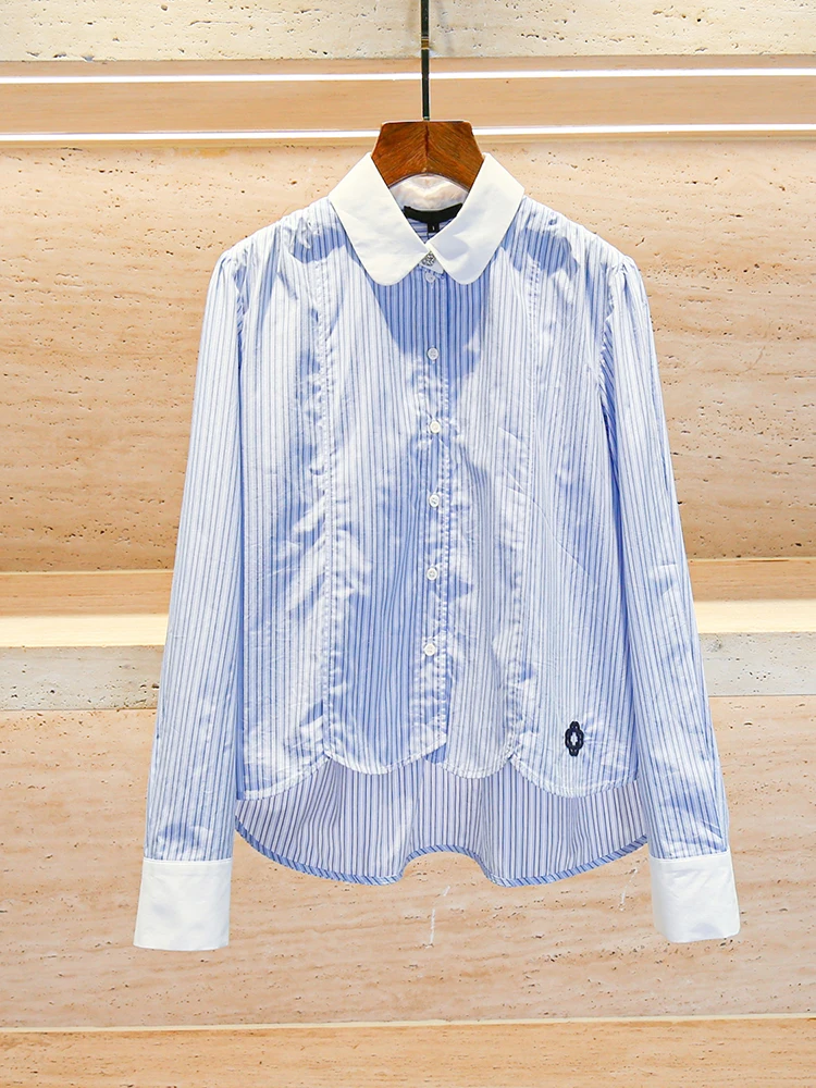 

M Home Nan You High End European Sle Women's Loose irt Autumn Winter College Sle Striped Embroidery Top Ladies Faion