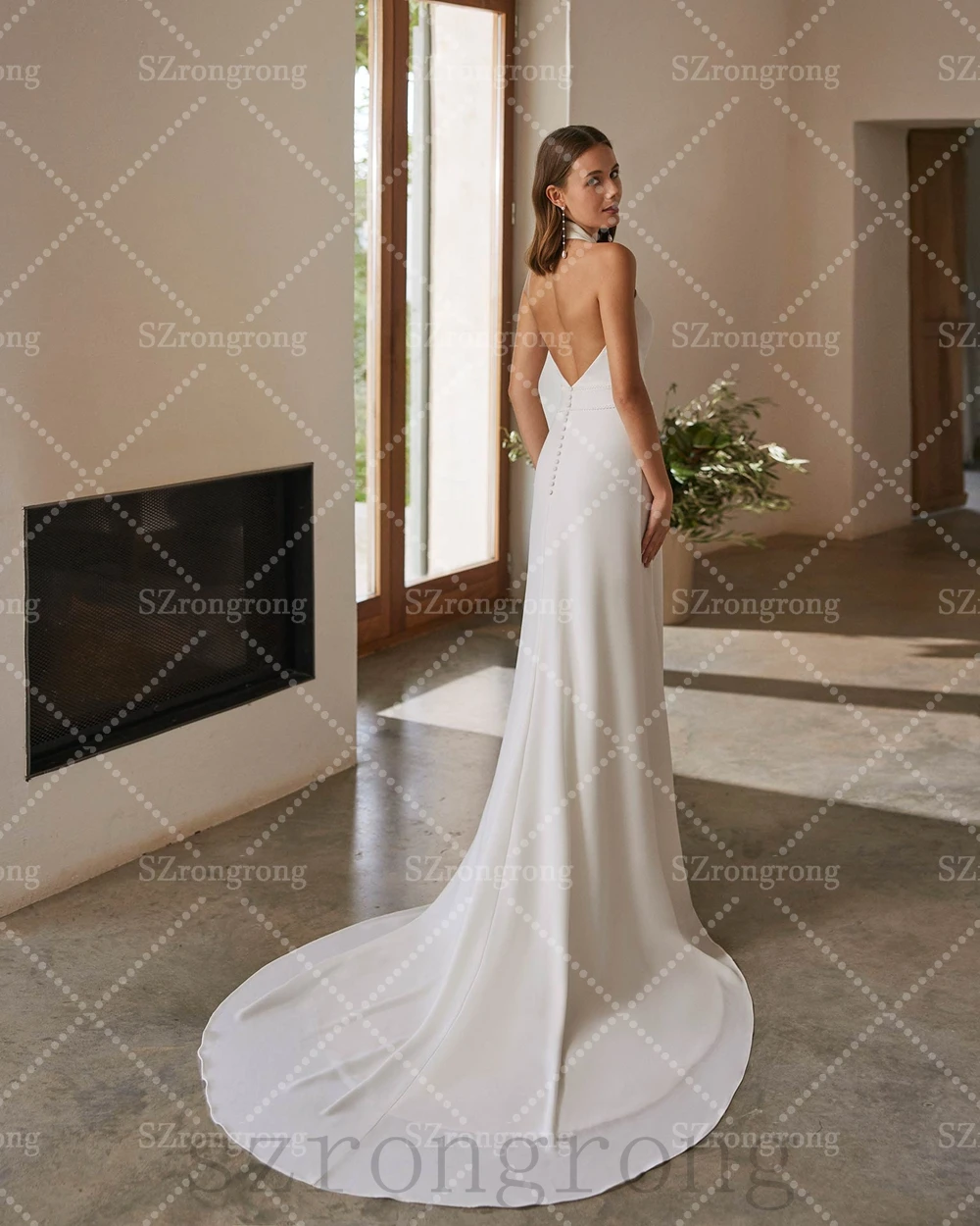 

Custom Made Modern Halter Mermaid Sexy Wedding Dress Open Back Cape Floor Length Bridal Dress with Court vestido de novia