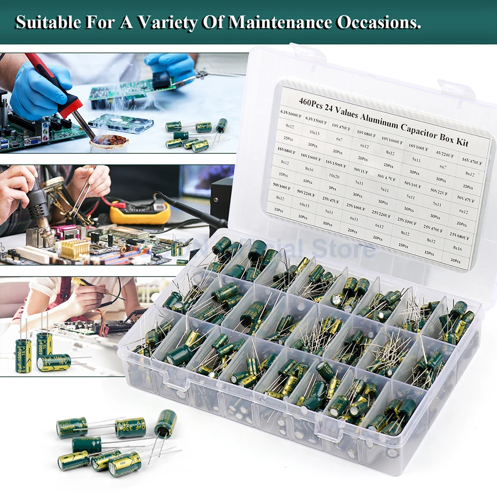 15/24/36 Values 225/460/925Pcs Variable Capacitors Assorted Kit High Frequency Low ESR Aluminum Electrolytic Capacitors 16V-50V