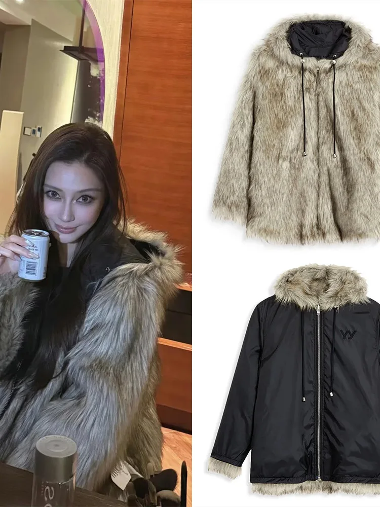 

Шуба Opnyy в стиле Анджелабейби, корейская теплая шелковая куртка с капюшоном средней длины, модная женская верхняя одежда