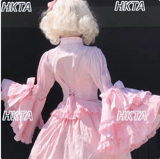 

Lolita Kawaii Blouse Horn Long Sleeved Base Slim Inner White Shirt Women Sweet Lolita Girl Versatile Lace Fungus Edge Bow Blusas