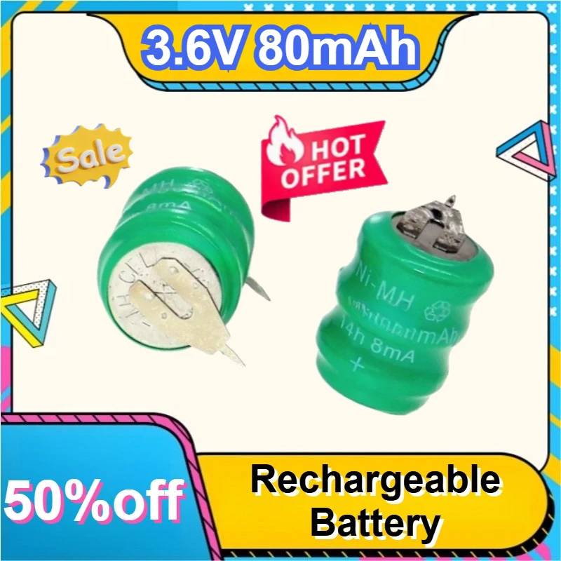 

10PCS-3.6V 80mAh Ni-MH Rechargeable Battery 2 Pin for Solar Light Water Heater Clock