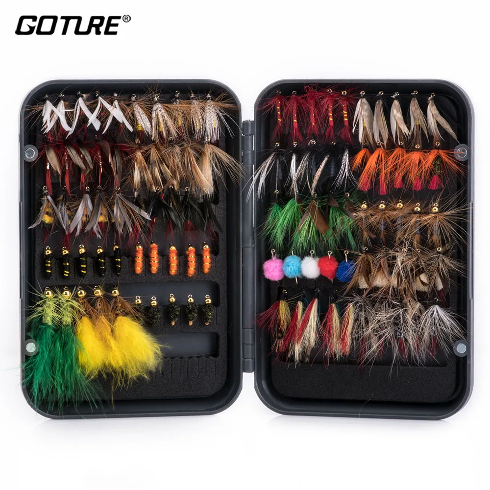 

Goture 76/100 Pcs Fly Fishing Lure Kit Handmade Dry Wet Flies Nymph Streamers With Box #8-16 Hook Fly lure Bait For Trout Salmon