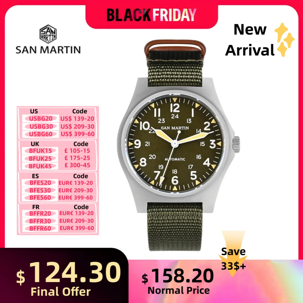 San Martin 38mm NH35 Field Automatic Watches For Men Wrist Watch Clock Mechanical Simple Pilot Waterproof 10ATM Montre SN0137