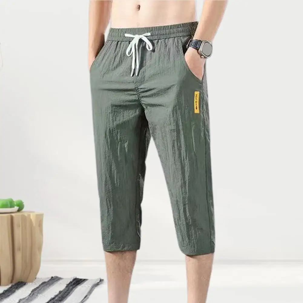 

Summer Sweatpants Close-fitting No Constraint Slim Fit Elastic Waist Deep Crotch Men Cropped Pants Men Sweatpants Casual