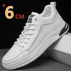 FUQIAO 6cm Cow Leather Elevator Shoes for Men Spring Summer Hollow Height Increasing Shoes Breathable Casual Lift Sport Sneakers