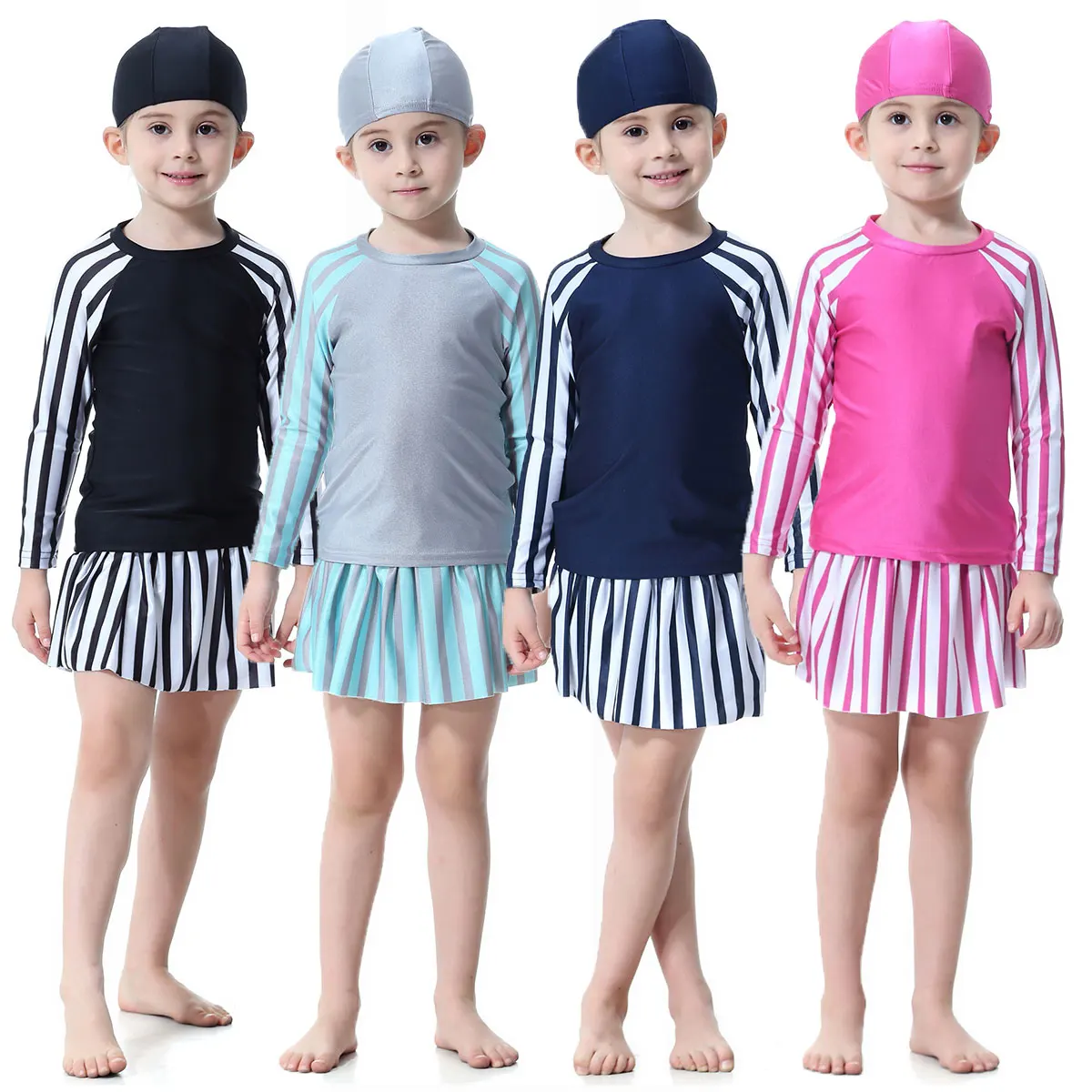 Fashion Style Islamic Muslim Swimwear Burkini for Girls Baby Children Teens 1-16Y Long Sleeve Top Skirt Cap Quick Dry Stripes