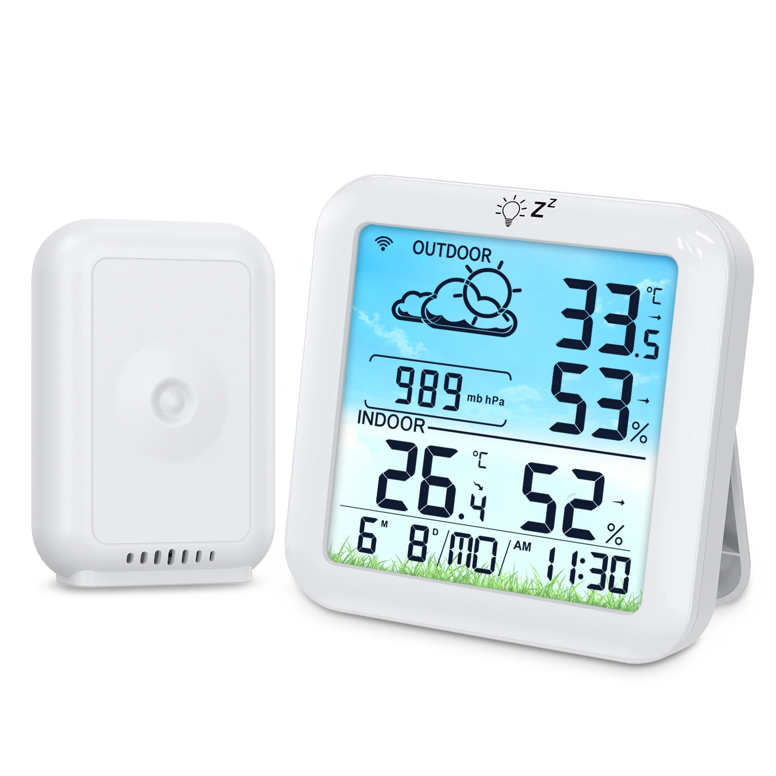 Weather Station Indoor - สถานีวัดสภาพอากาศพร้อมหน้าจอ LCD เครื่องวัดอุณหภูมิและความชื้นดิจิตอล พร้อมฟังก์ชันเลื่อนการแจ้งเตือน ไฟแบ็คไลท์ แสดงอุณหภูมิ
