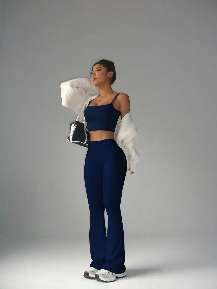 

Blue High-Waisted Flared Pants With Crop Top And Cardigan Set
