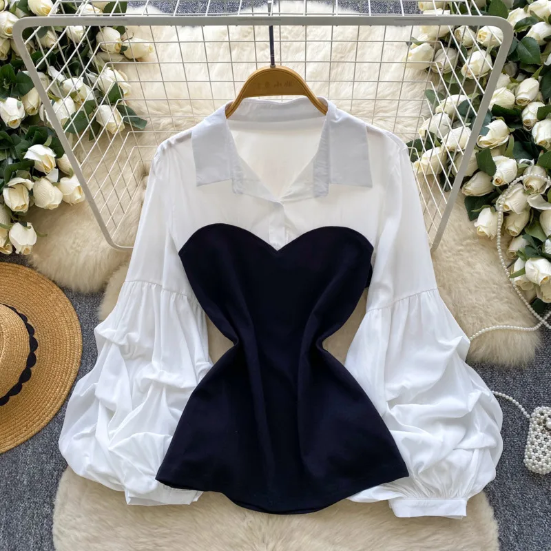 # 3185 Zweiteilige Bluse für Damen mit Laternenärmeln und geteiltem Saum, Damenoberteile und Blusen im französischen Stil, Damenoberteile, Hemd