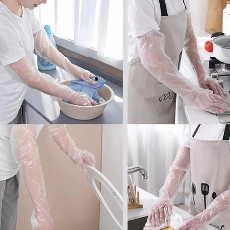 60 cm lange CPE-Haushaltshandschuhe, wasserdicht, verdickte, rutschfeste Manschette für Küche, Geschirrspülen, Hausreinigung – Detail 2