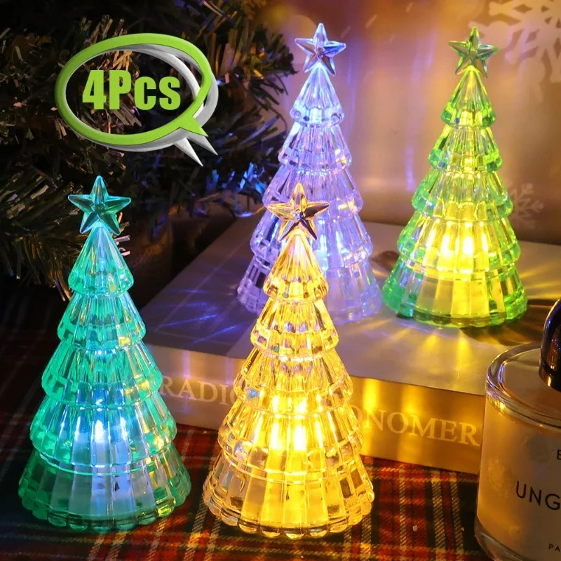 4Pcs Christmas Tree Night Light Desktop Decorations Crystal LED Electronic Lamps Xmas Glowing Luminous Home Ornaments Tabletop