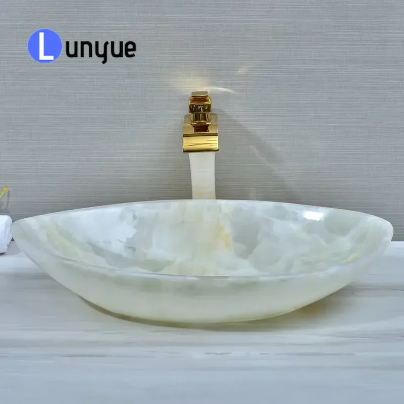Luxury White Onyx Bathroom Vessel Sink Large Single Basin Art Washbasin for Countertop Cabinet Modern Home Decor