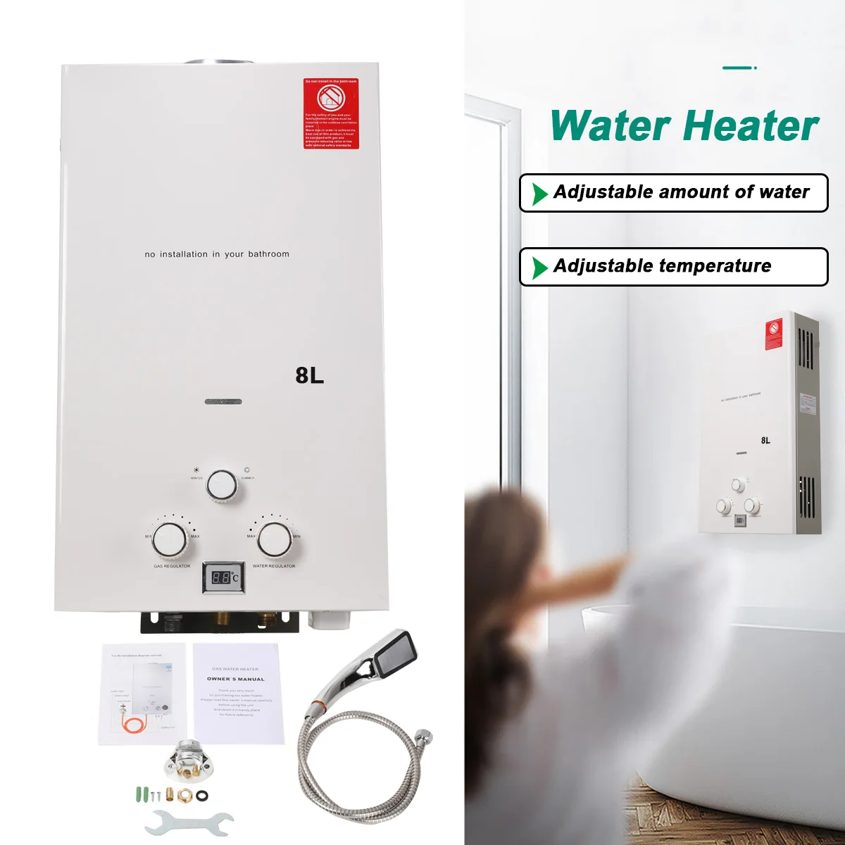 8L/min LPG Propane Gas Water Heater 16KW Tankless Instant Hot Water Heater Boiler With Shower Head Kit For Outdoor Camping