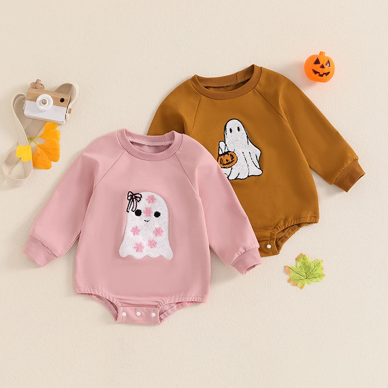 2024-06-19 Lioraitiin 0-18M Baby Halloween Casual Romper Long Sleeve O-Neck Ghost Embroidery Sweatshirt Romper for Fall Winter