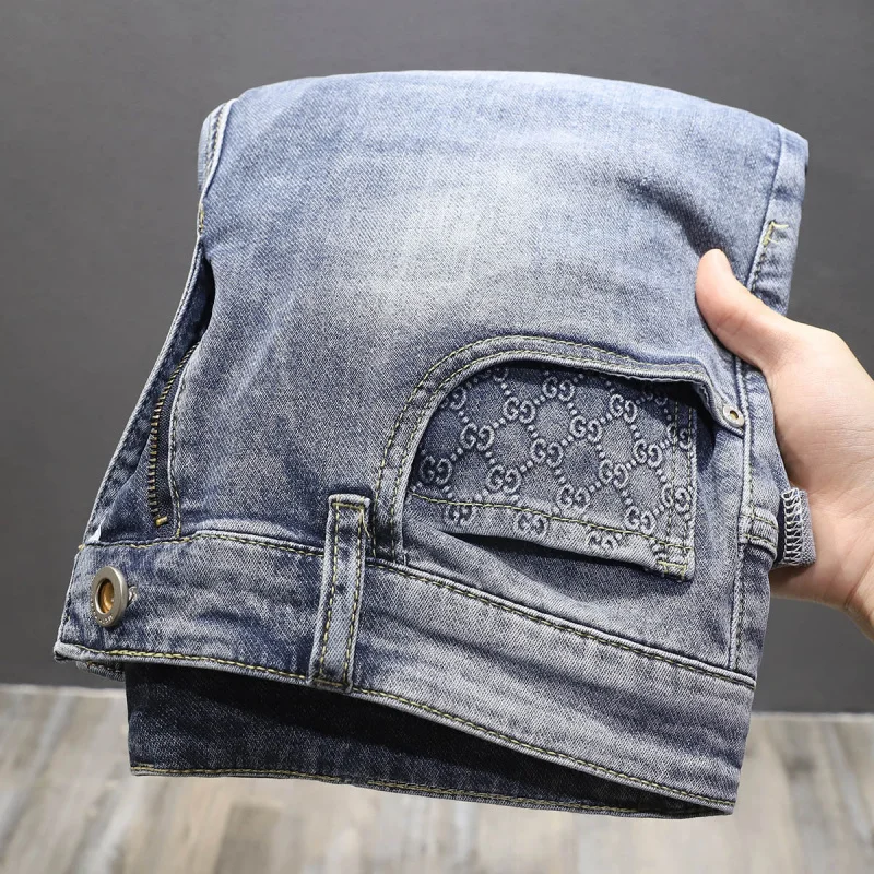 Summer blue jeans shorts men's luxury fashion high-end men's fashion casual all-match stretch slim beach denim pants