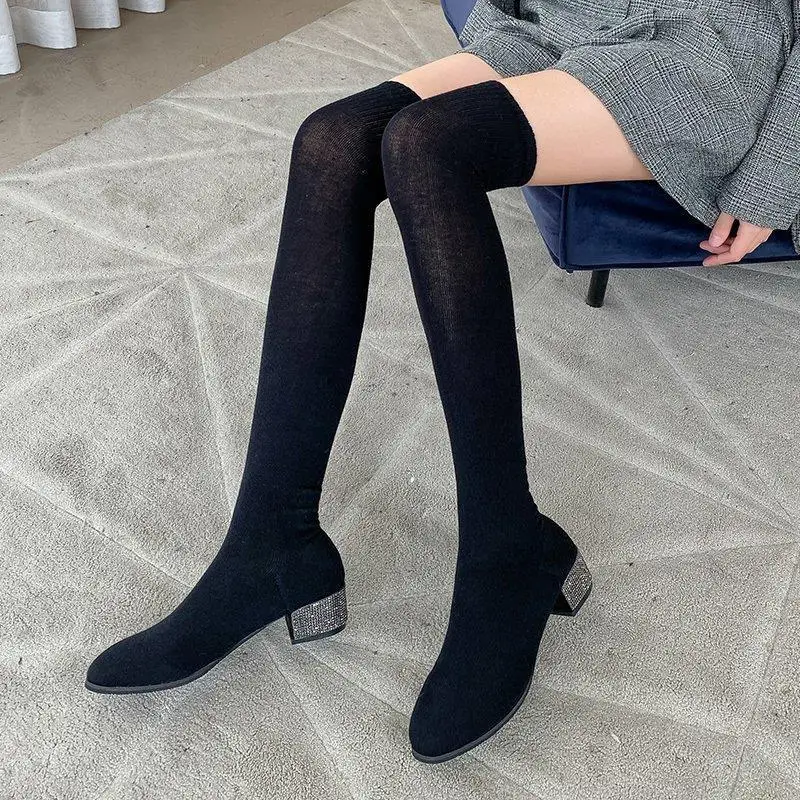 2025 Spring And Autumn Over Knee Women's Boots Fashion Beautiful Elastic Woven Rhinestone With Round Head Long Boots Socks Boots