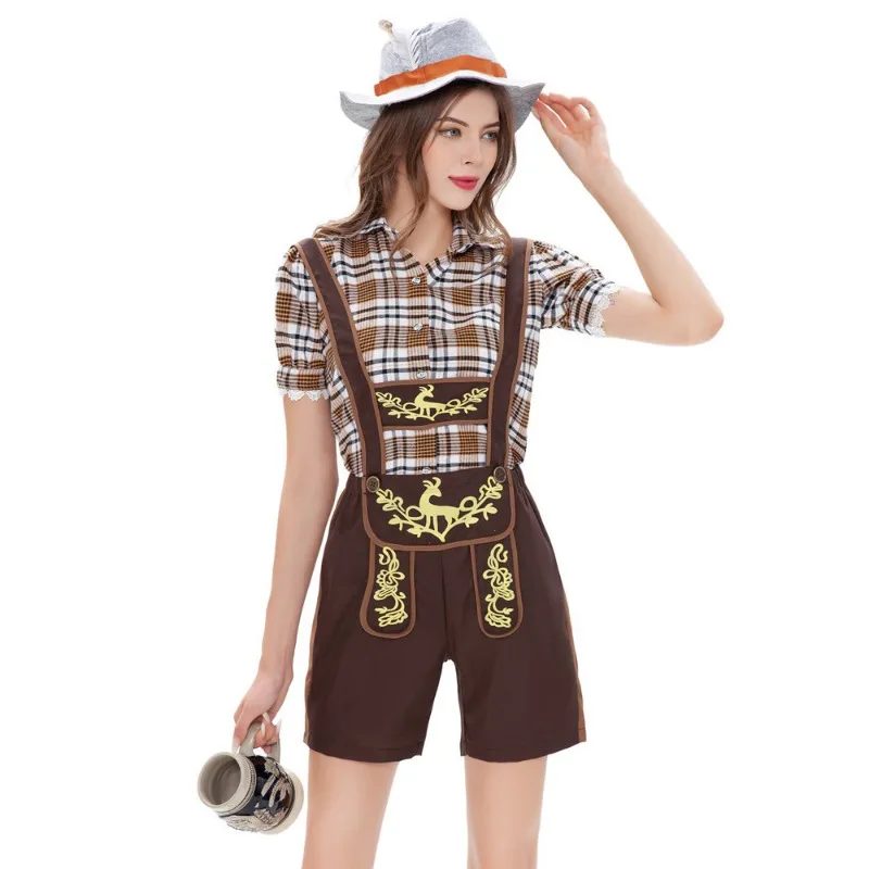 

Germany Munich Oktoberfest Costume Plaid Bib Pants Set Bavarian Ding Dong Costume Bottom Shirt Vintage Women's Play Costume