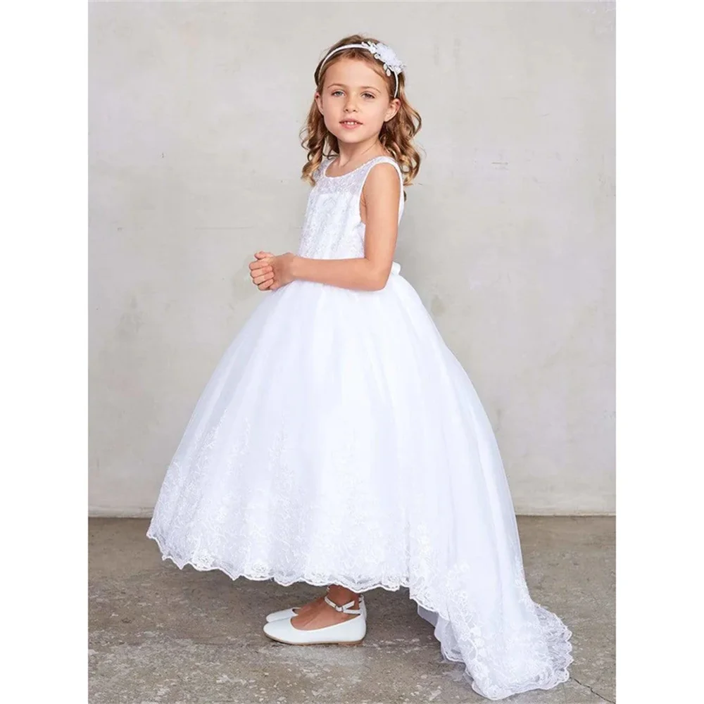 

Flower Girl Dress White Lace Applique Sleeveless Wedding Elegant Flower Child's First Eucharistic Birthday Party Dress