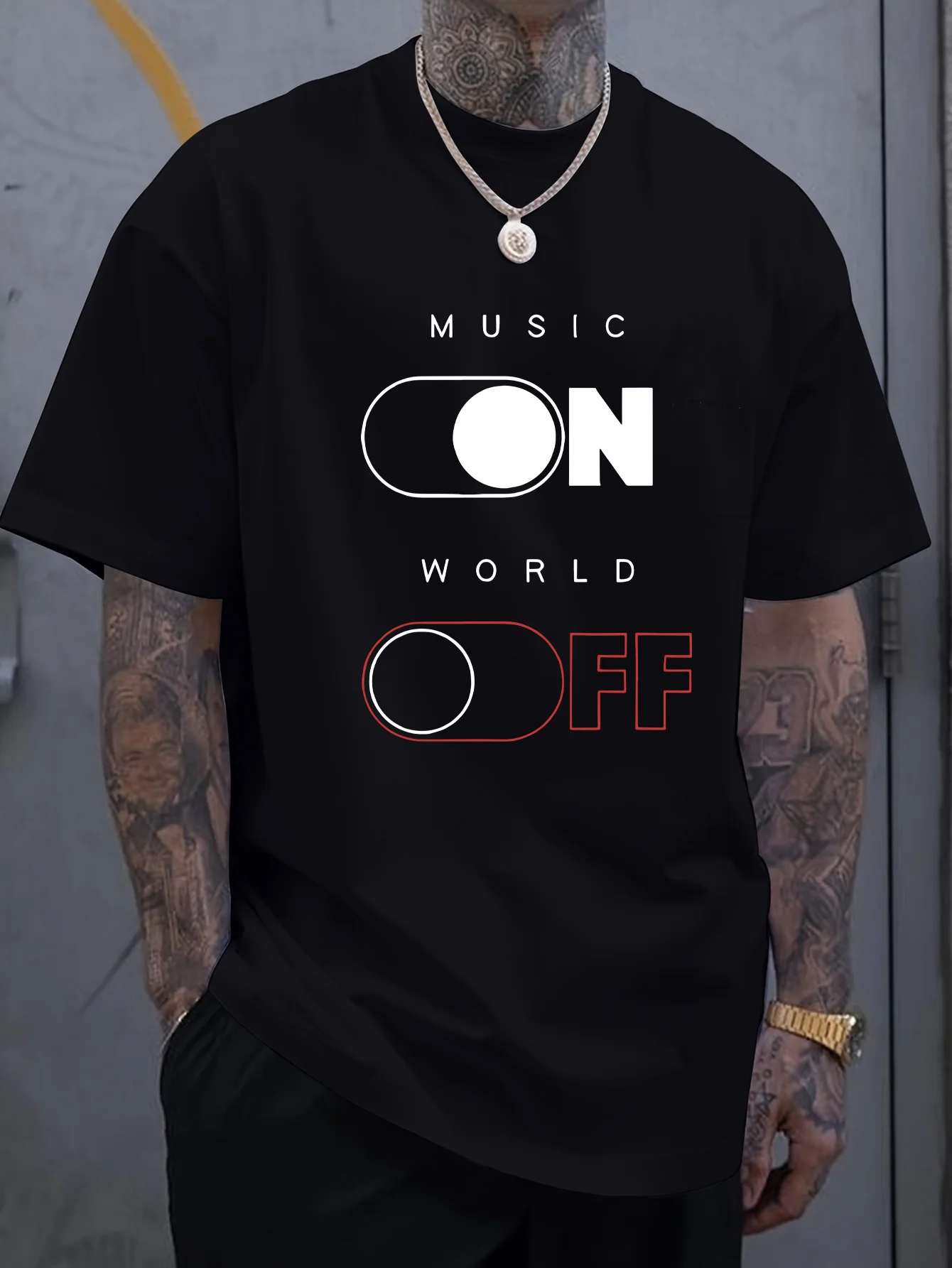 

Men's 180G Pure Cotton Music Switch Graphic T-Shirt - Black Short Sleeve Crew Neck Tee with "MUSIC ON" Print, Breathable