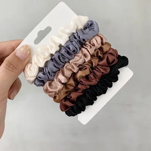 Imagen 2 del producto 6 unids/set de gomas para el cabello de seda satinada para mujeres y niñas, lazos para el cabello de seda elásticos a la moda, accesorios para el cabello de Color sólido