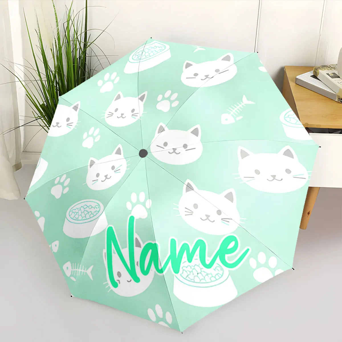 Custom Name Cute Cat Pattern Umbrella with Personalized Design Print 8 Iron Ribs Folding Umbrella Auto-Open Fashion Sunshade