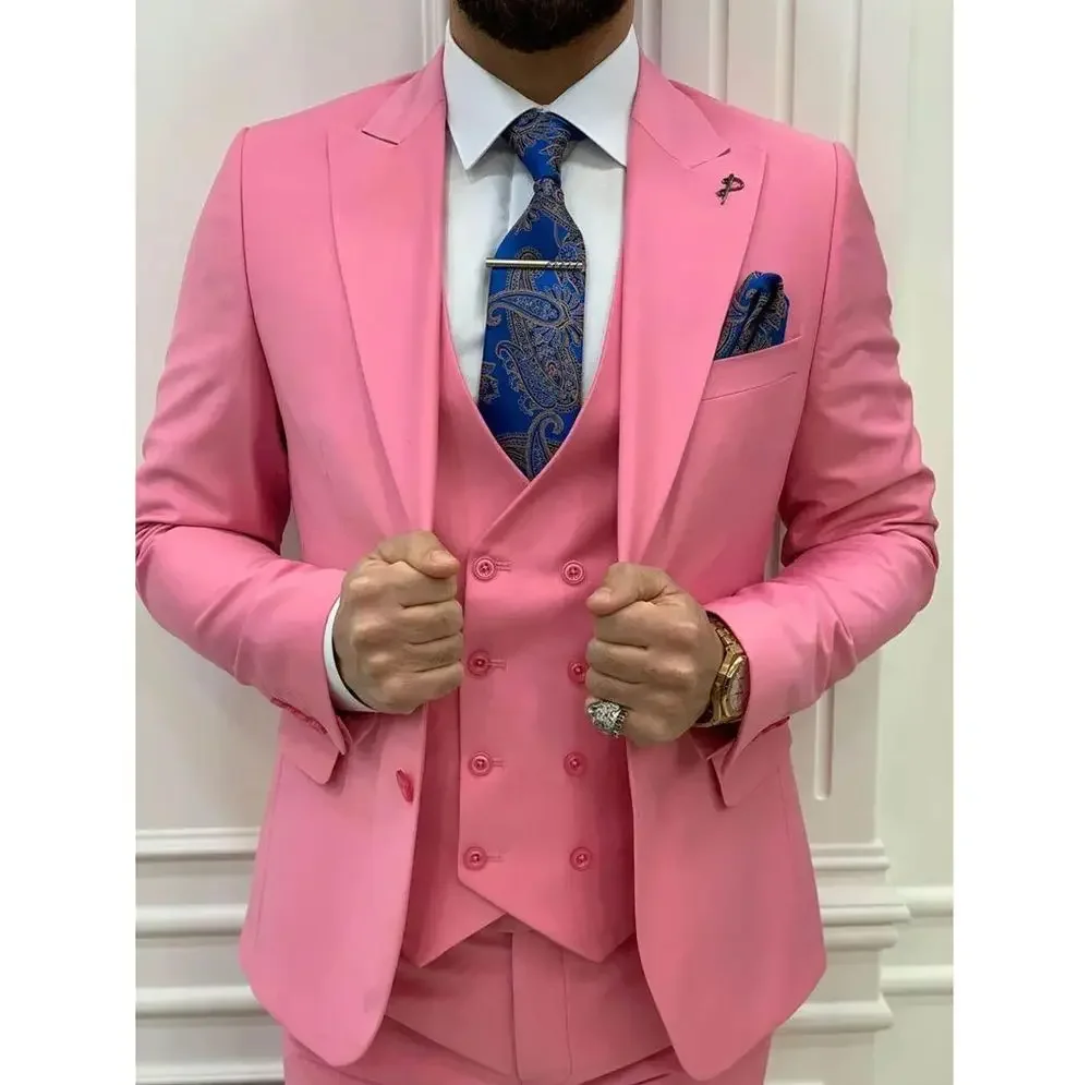 

Elegant Pink High-end Male Suits Slim Fit Peak Lapel 3 Pieces(Jacket+Pants+Vest) Men Formal Wedding Party Set