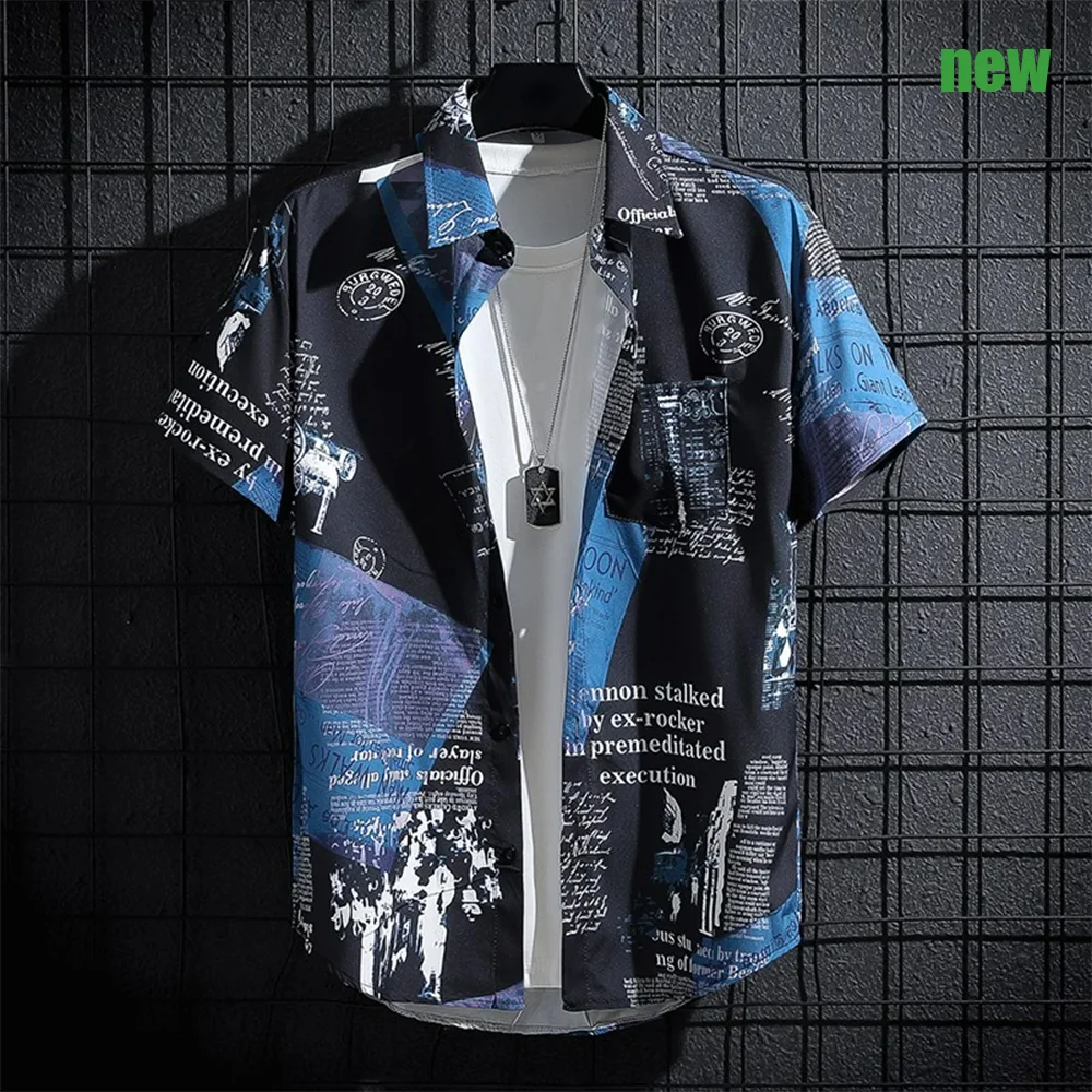 Camisa casual de manga curta masculina estampada, blusa de moda natalícia, tamanho grande, moda praia, moda de férias, 2024