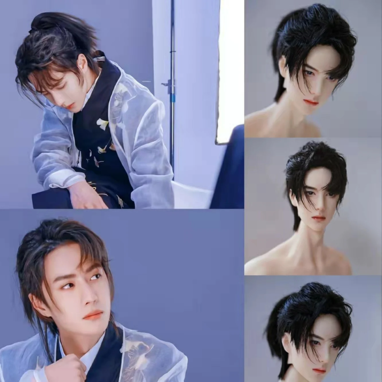 

1/6 BJD Figure Doll Wig Wang Yibo Hair Long Ponytail Boy Male HandMade Realistic Idol Wig Collection Male Doll Green - prcl