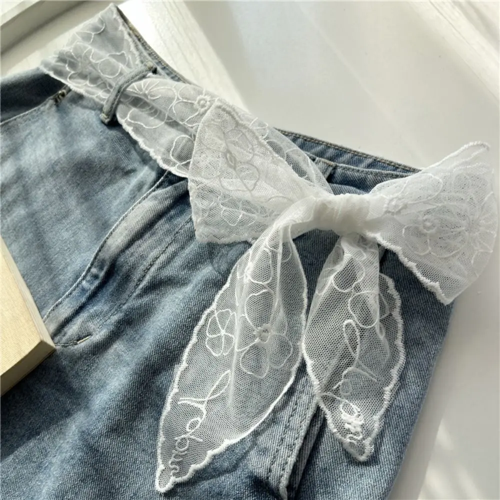 

INS Style White Sweet Lace Belt Bow Tie Flowers Embroidery Waist Chain Belt Waist Decoration Sweet Scarf Women Accessories
