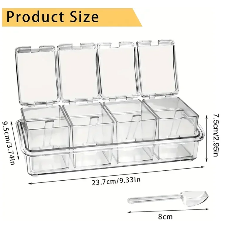 4 Grid Transparent Seasoning Box Sugar and Salt Seasoning Jar Kitchen Spice Container with Spoon For Home Kitchen Restaurant