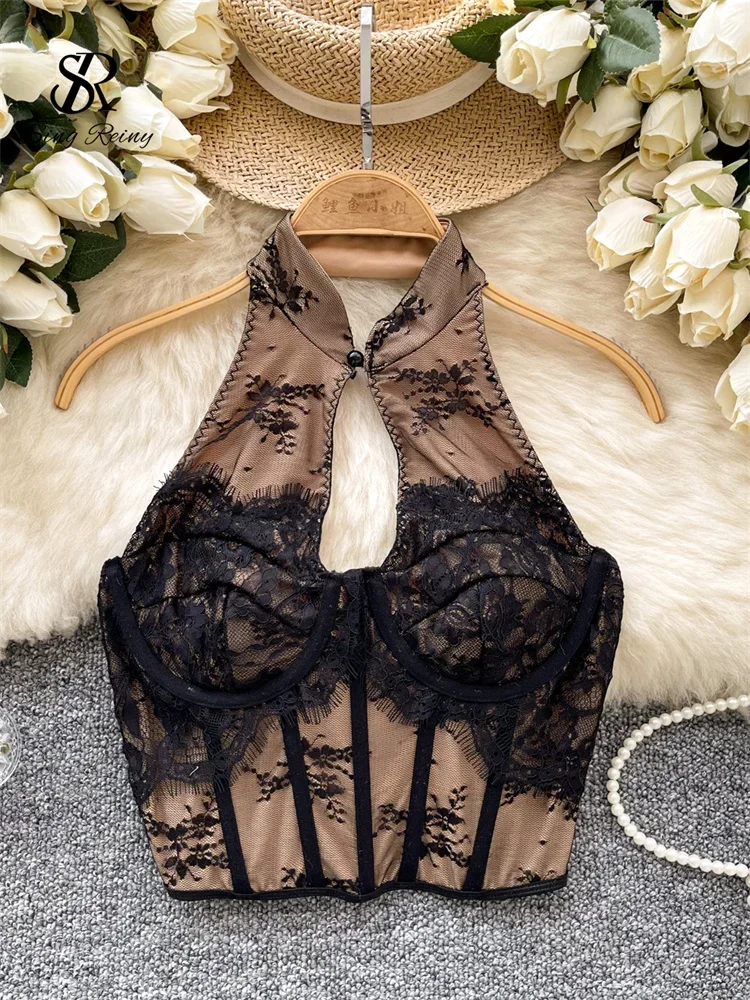 

SINGREINY Vintage Lace Halter Sexy Camis Chinese Styles Gauze Embroidery Slim Camisole Women Retro Backless Streetwear Camisole