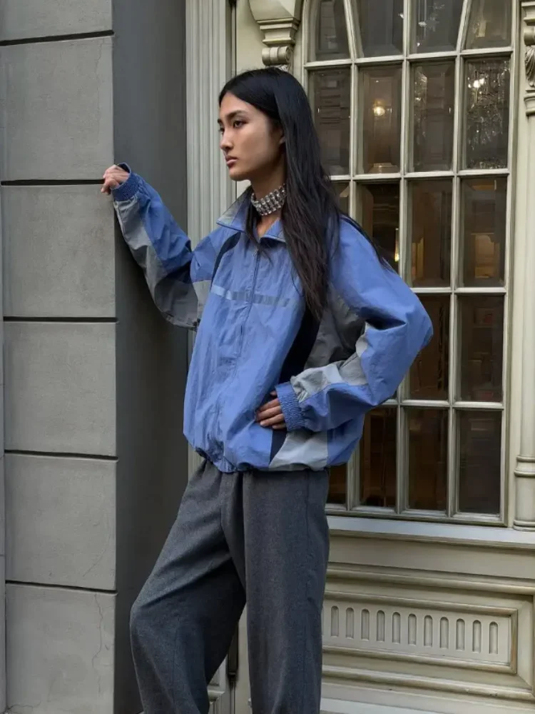 Women Fashion Color-blocking Stand Collar Full Zipper Coat Long Sleeve Elastic Cuff Crooped Jacket 2026 Autumn New Casual Outfit