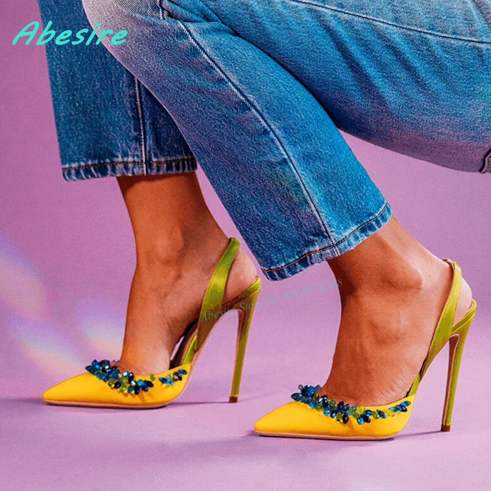 

Blue Crystal Patchwork Satin Pumps Pointed Toe Stiletto Heels Solid Back Strap Women's Pumps Sexy Party Bling Rhinestone Shoes