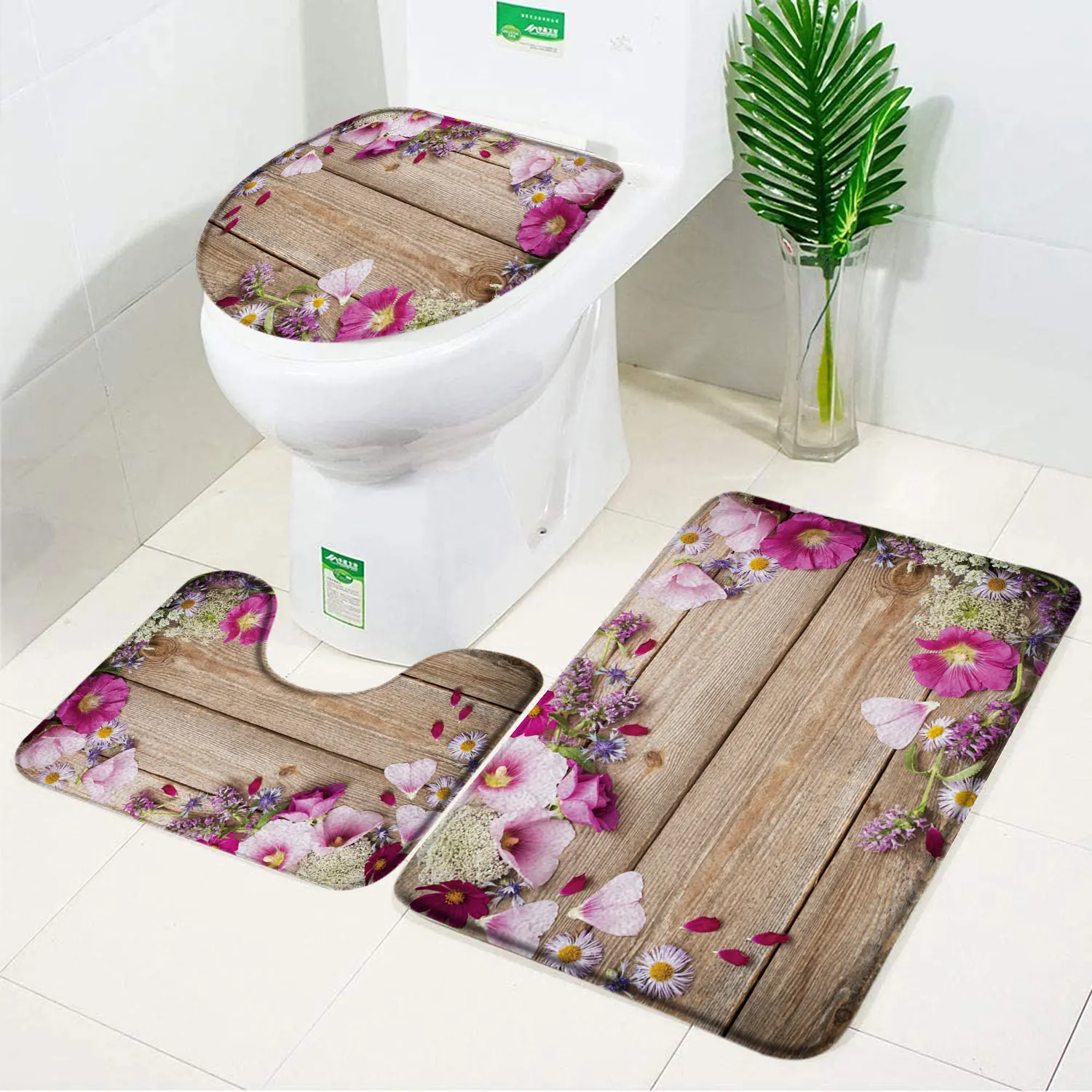 3pcs Set Orchid Bath Mat Flowers Wood Planks Background Toilet Pedestal Mat Toilet Seat Lid Covers Cushions Pads Bathtub Rug