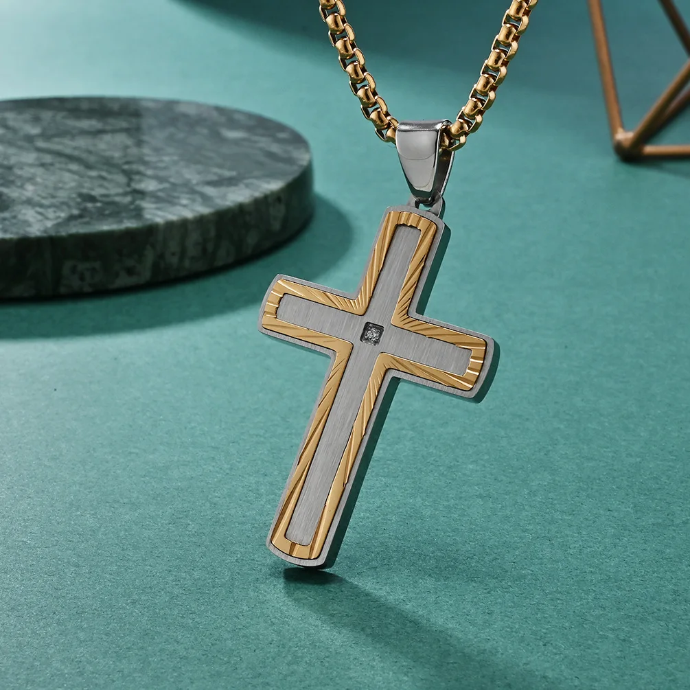 Punk Men's Stainless Steel Jesus Cross Pendants Classic Zircon Inlaid Prayer Amulet Vintage Necklace Party Jewelry