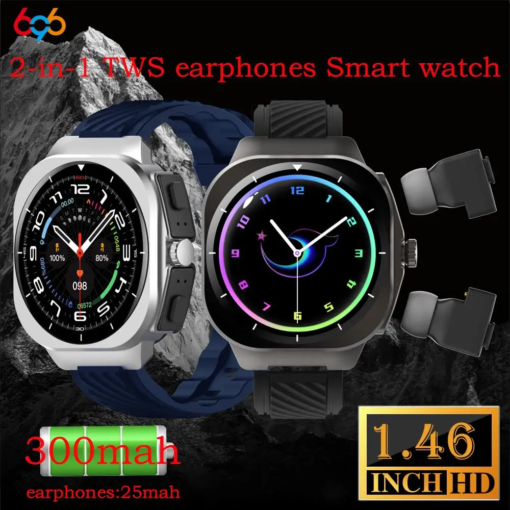 Music Men Women 2 In 1 Earphones Smart Watch Metal Body Waterproof Gesture Control Sport Heart Rate Headset Health Smartwatch