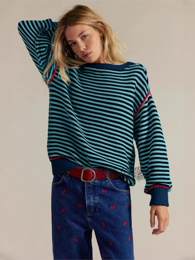 カラーブロッキングストライプニットセーター女性のためのファッション O ネック長袖ルーズプルオーバー秋冬女性カジュアル暖かいセーター