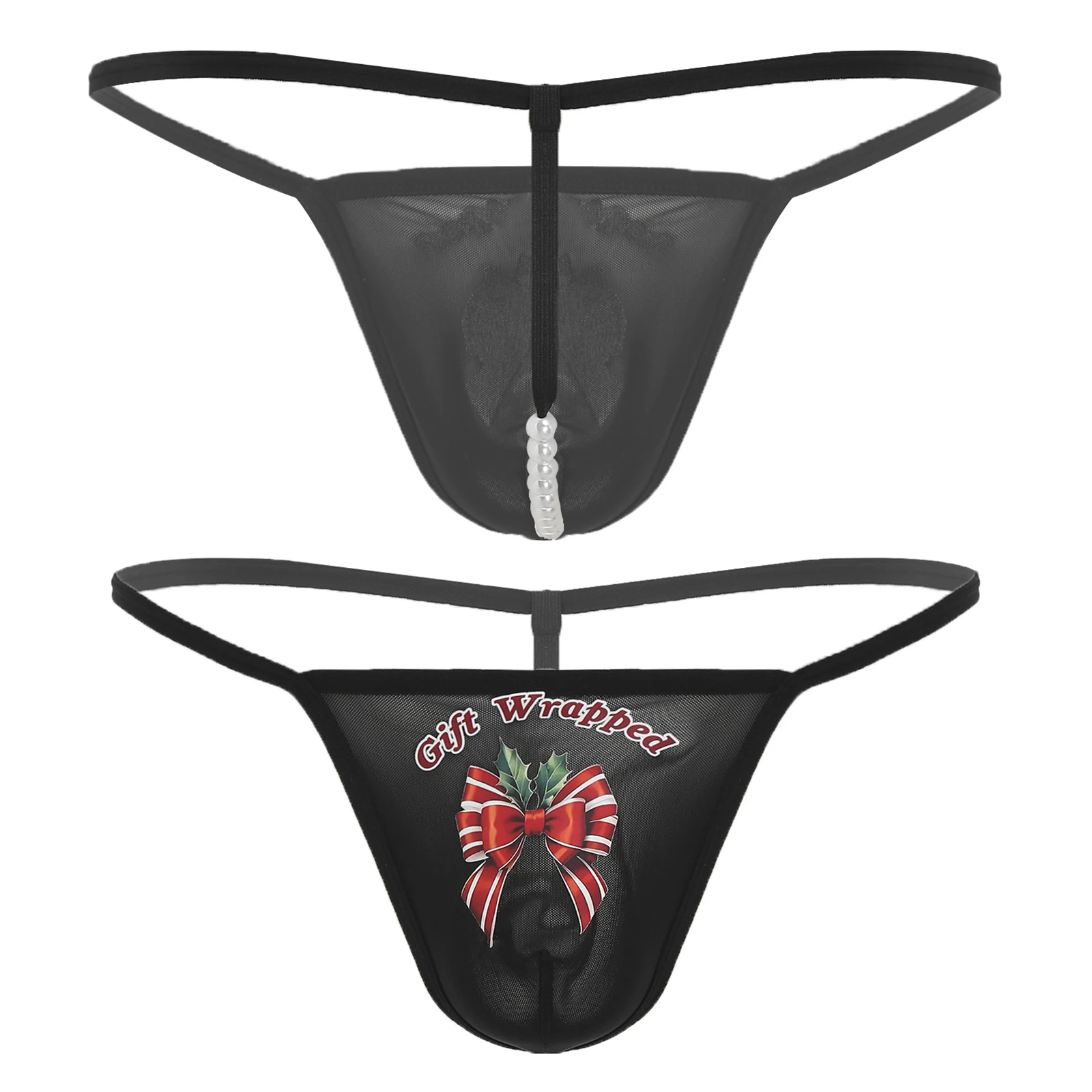 

Adults Mens Print Thong Sheer Mesh Bulge Faux Pearl String T-back Low Rise Thong Briefs Underwear for Dating Honeymoon