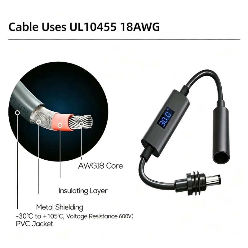 5521 Power Extension Cable 5.5 x 2.1 mm with Digital Screen, 0.3 m Wire for Camera Placement and Small Electronics Everyday 896C