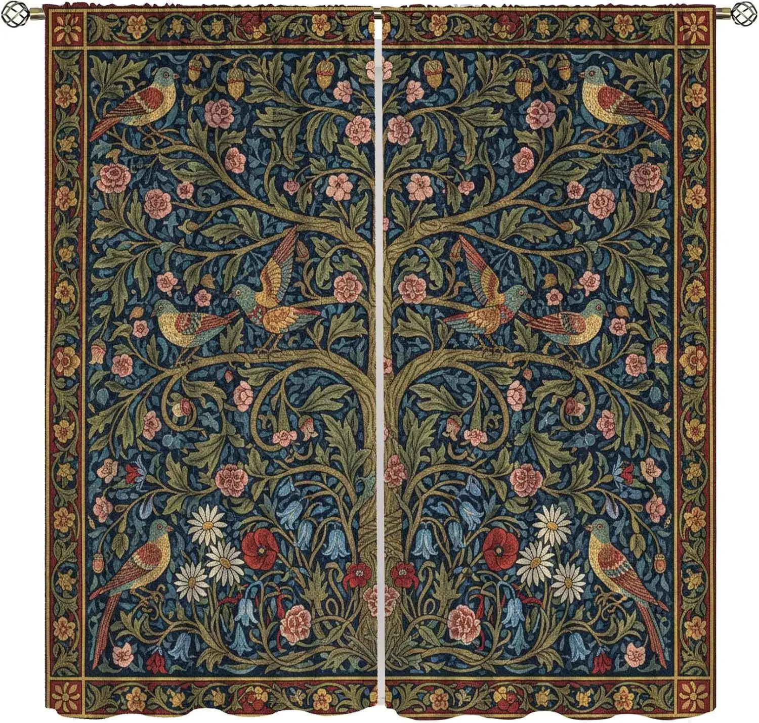 William Morris Curtain Panels, Vintage Bird Tree Floral Botanical Tapestry Pattern Print Drapes for Bedroom Window Home Decor