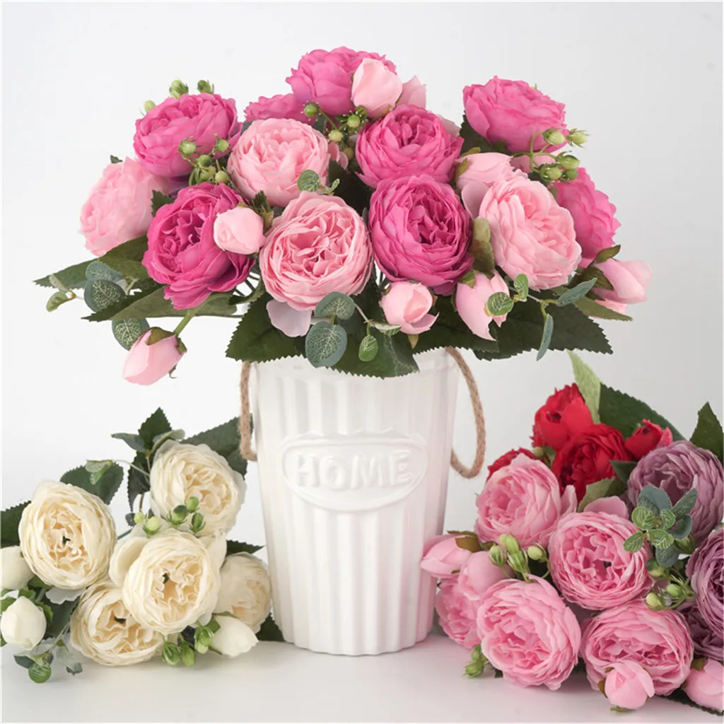 30cm Rose Pink Silk Peony Artificial Flowers Bouquet 5 Big Head and 4 Bud Cheap Fake Flowers for Home Wedding Decoration indoor